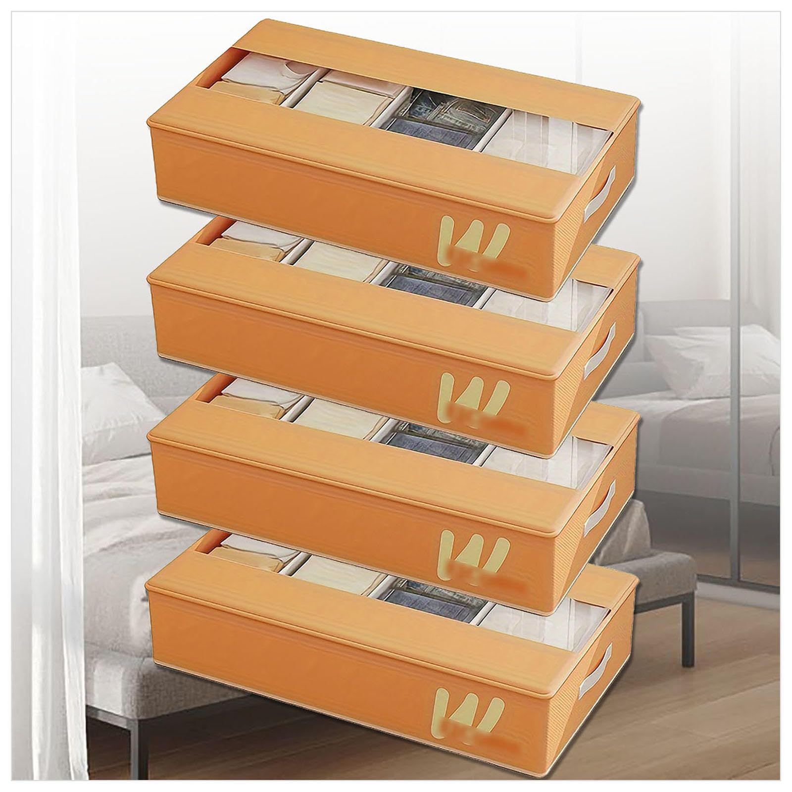 Unterbett Aufbewahrung Faltbar mit 5 Verstellbaren Trennwänden , Bettkasten Aufbewahrung mit transparenter Deckel , Unterbett Aufbewahrung Unterbett-Organizer Für Kinder Und Erwachsene ,Orange-4Pcs