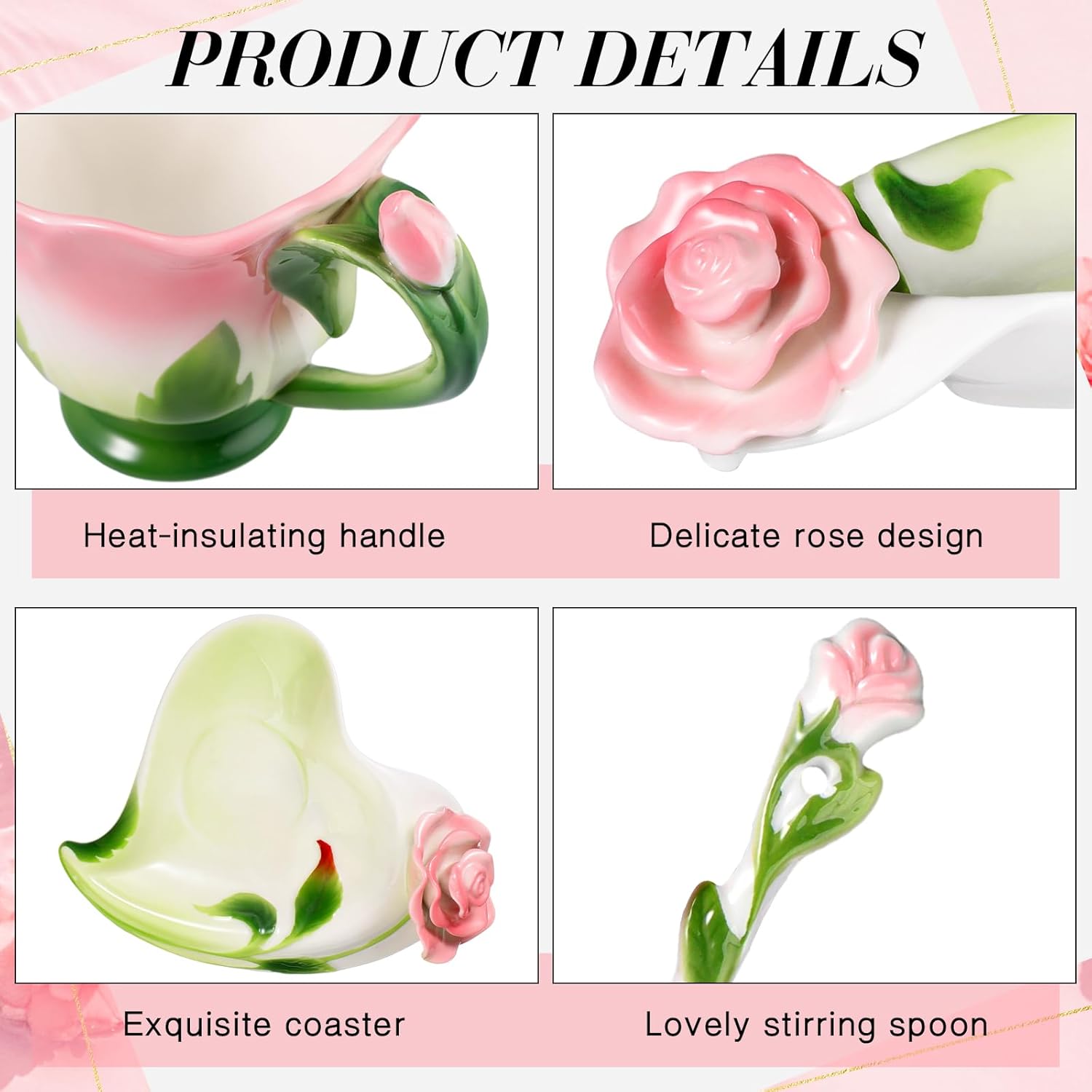 Dandat Ceramic Rose Tea Cups and Saucers with Spoon Rose Flower Shaped Cup and Sauce Set Cute Tea Cups Flower Mug Valentine Birthday Christmas Gifts for Home Office Kitchen, 6 oz(Pink) - Image 5