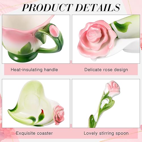 Miniatura 5 de Dandat Juego de tazas y platillos de cerámica con cuchara, taza y salsa en forma de flor de rosa, tazas de té, tazas de flores, regalos de San