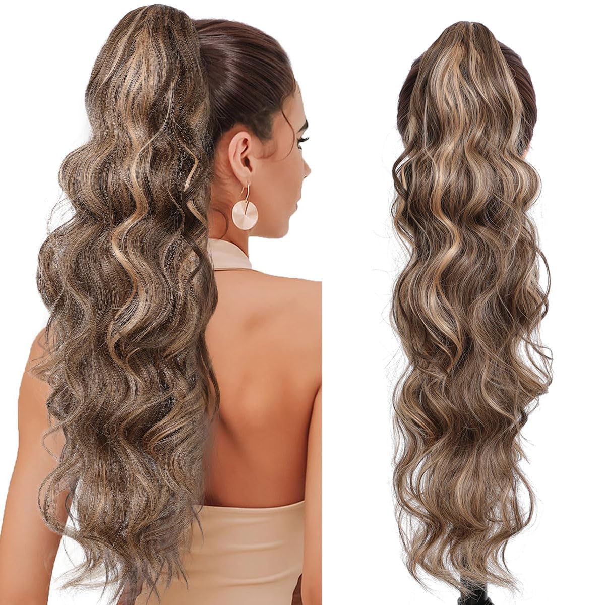 Ponytail Extension, 26 Inch Claw Clip In Ponytail Hair Extensions for Women Long Curly Wavy Ponytail Pony Tail Hair Extension Natural Wavy Hair piece for Women Chocolate Brown with Highlights