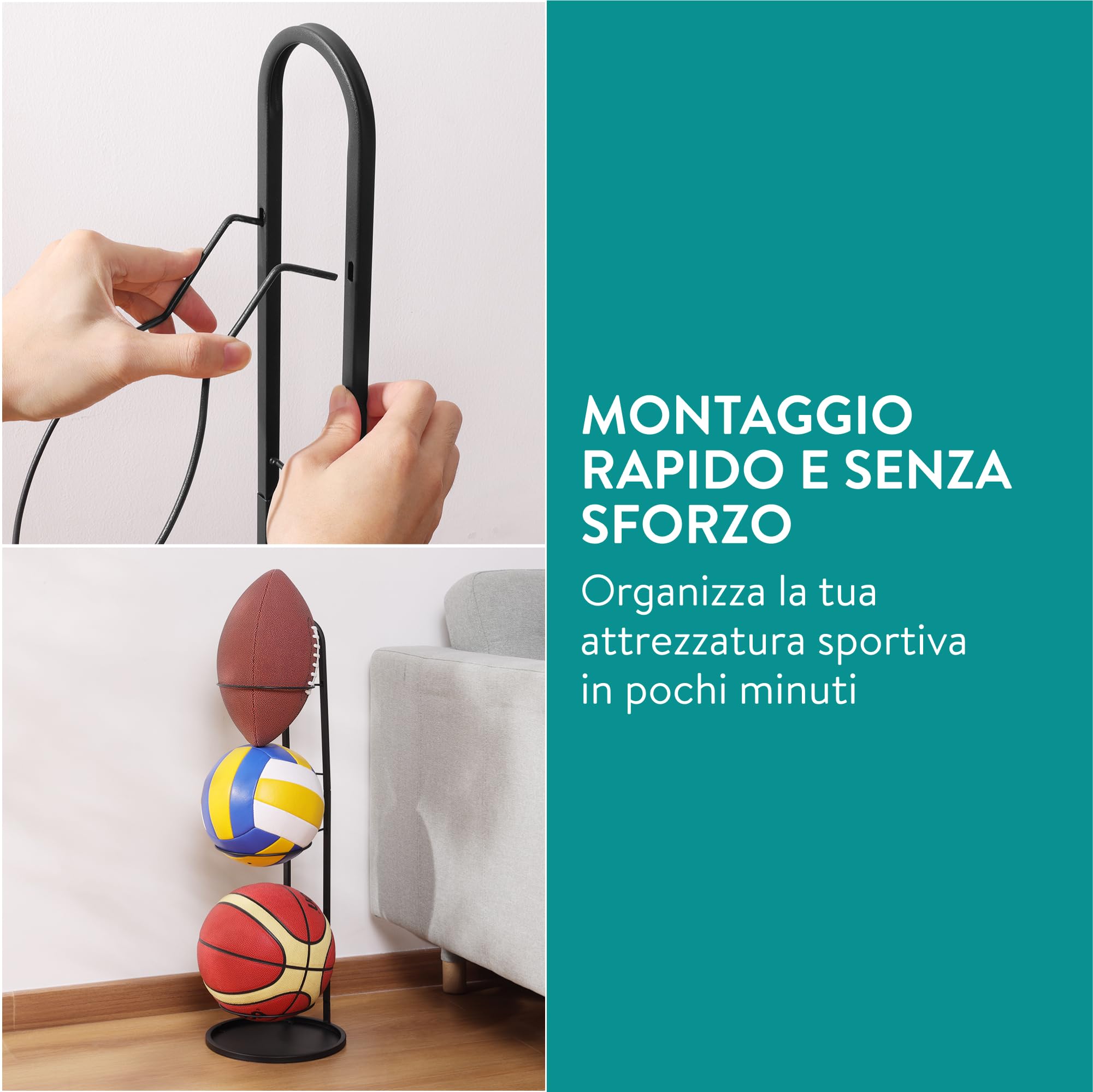 Navaris Rastrelliera da Basket - Porta Pallone Calcio Pallavolo e Altri Sport - Soluzione di Stoccaggio a 3 Livelli - Montaggio Senza Viti - in Acciaio - per Camera Garage Palestra