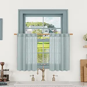 LAMIT Greyish Blue Linen Short Curtains 30 Inch Length, Semi Sheer Light Filtering Window Panels Back Tab and Rod Pocket Drapes for Basement/Small Windows, 25 x 30 Inch, 2 Panels