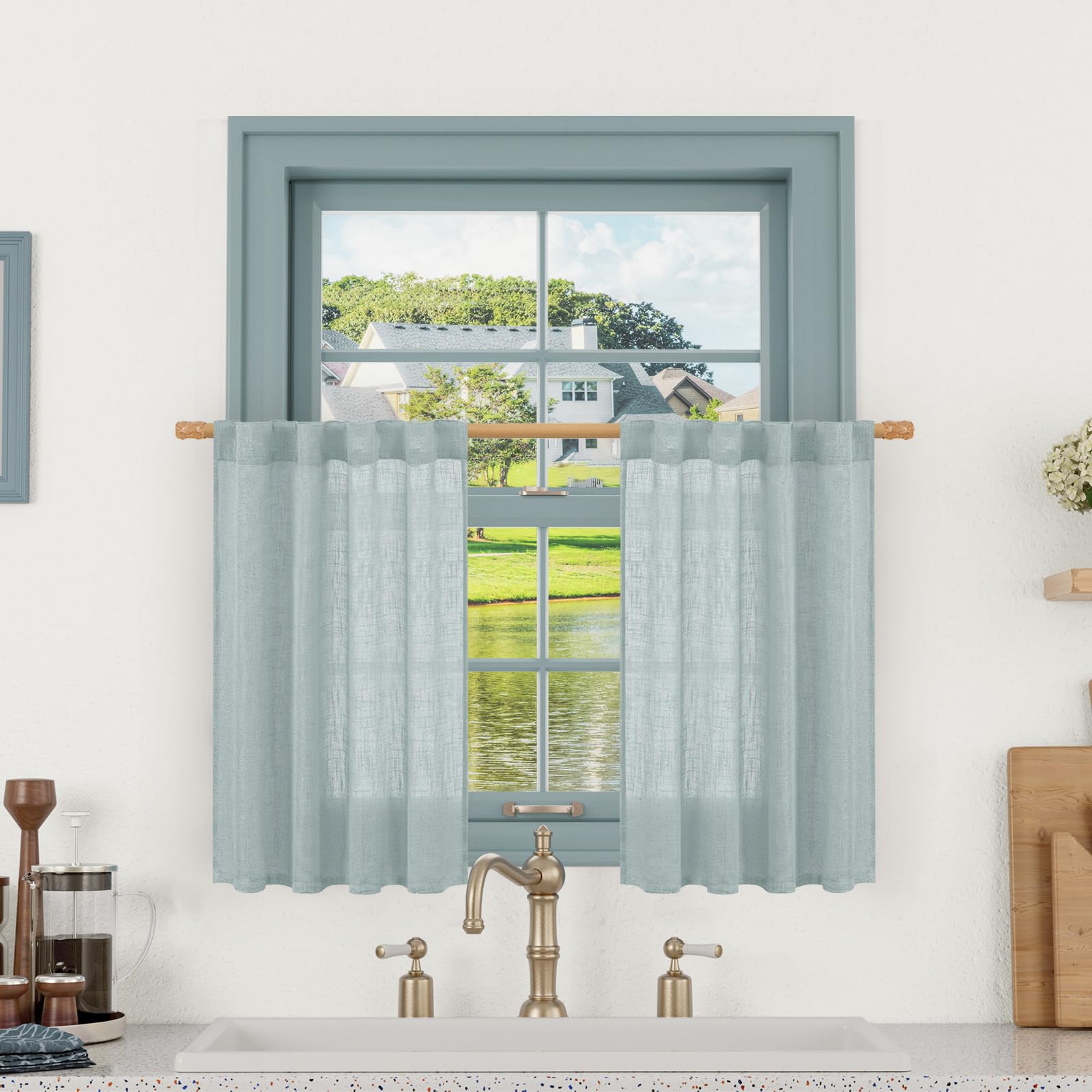 LAMIT Greyish Blue Linen Short Curtains 30 Inch Length, Semi Sheer Light Filtering Window Panels Back Tab and Rod Pocket Drapes for Basement/Small Windows, 25 x 30 Inch, 2 Panels