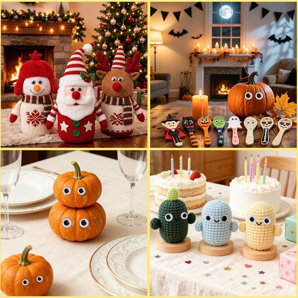 Wiggle Eyes - 300 Pcs Black White Googly Eyes, Self Adhesive Plastic Googly Eyeball Stickers Mixed Assorted Sizes for DIY Crafts Family Gifts Halloween Party Decoration(6mm, 8mm, 10mm, 12mm)
