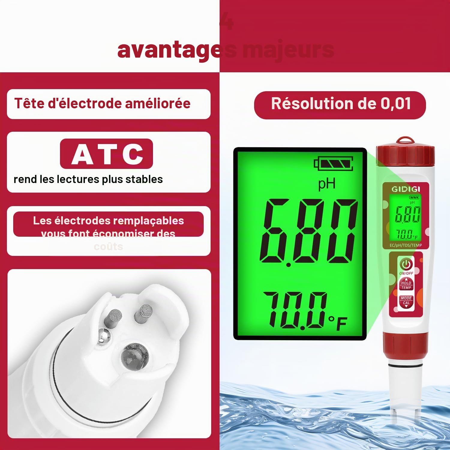 Compteur de pH, testeur de ppm hydroponique, compteur de pH ppm de nutriments, compteur numérique de température TDS EC pH et ppm pour l'eau, aquarium, piscines（manuel d'instructions en anglais）