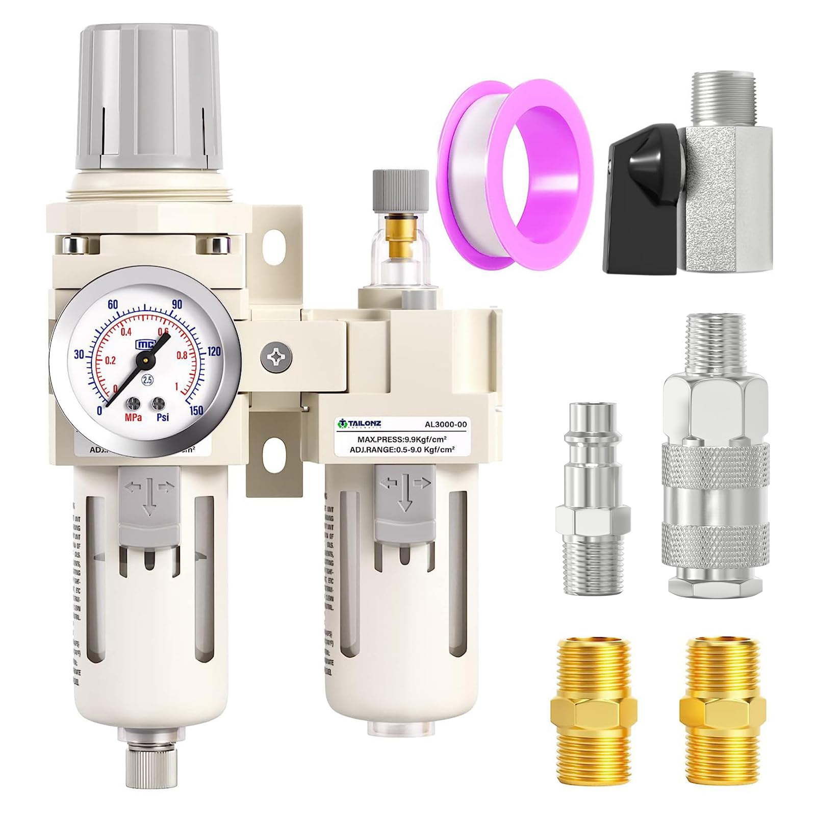 TAILONZ PNEUMATIC 3/8 Pulgada BSP Filtro de Aire Regulador de Presión Separador de Agua/Aceite Combo(0-1MPA),Herramienta de Aire Compresor Filtro con Manómetro AC3010-03(Drenaje Manual)