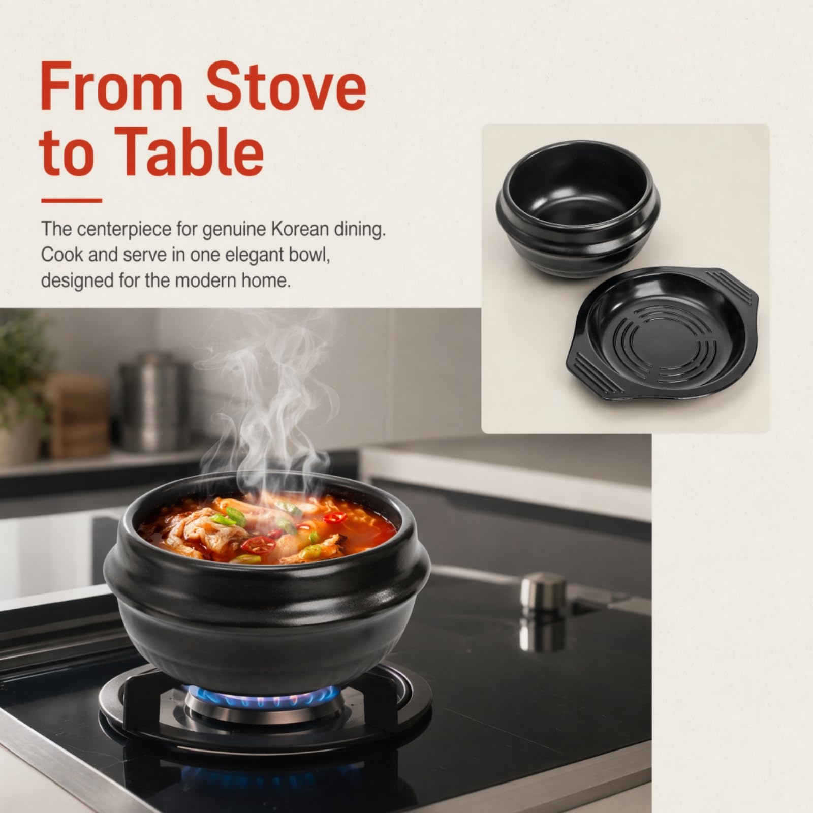 Bol en pierre coréenne de 1 050 ml avec plateau | Dolsot Bibimbap Ensemble de casseroles en céramique pour restaurants, riz, soupe, nouilles