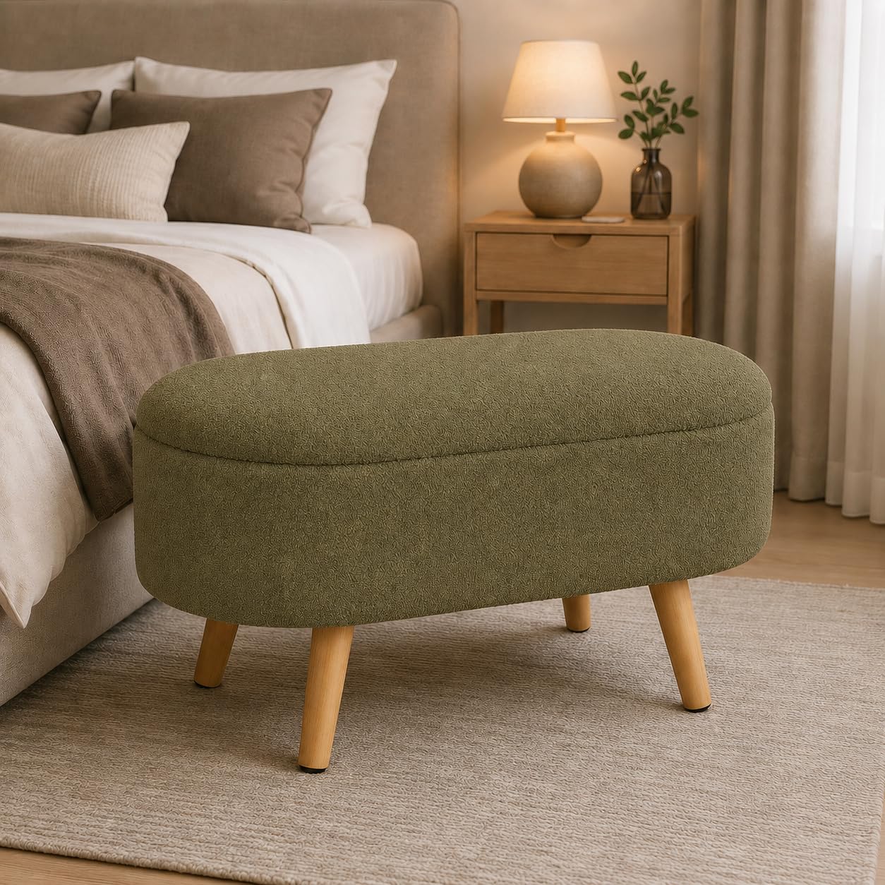 HAYASHI Storage Ottoman Bench, 82 x 40 x 45 cm, Upholstered Bedroom Bench with Hidden Storage, Wooden Legs, Modern End of Bed Bench for Bedroom, Living Room & Entryway (Olive Green)-image-26