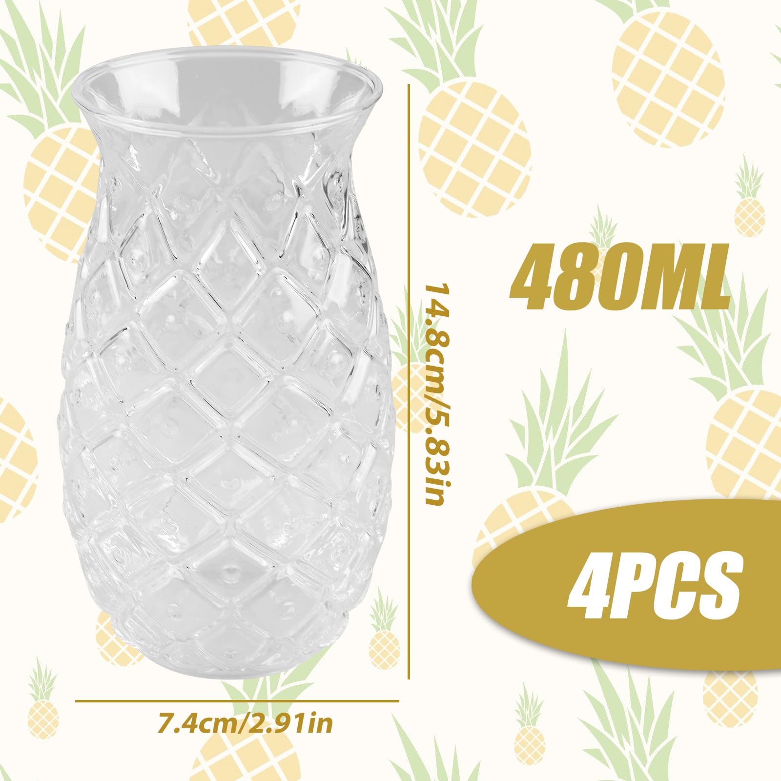 Set di 4 bicchieri di ananas: 400 ml, trasparenti da cocktail con rilievo di ananas, riutilizzabili, per feste, succhi di frutta, long drink, a forma di ananas, perfetti per casa, ristoranti e