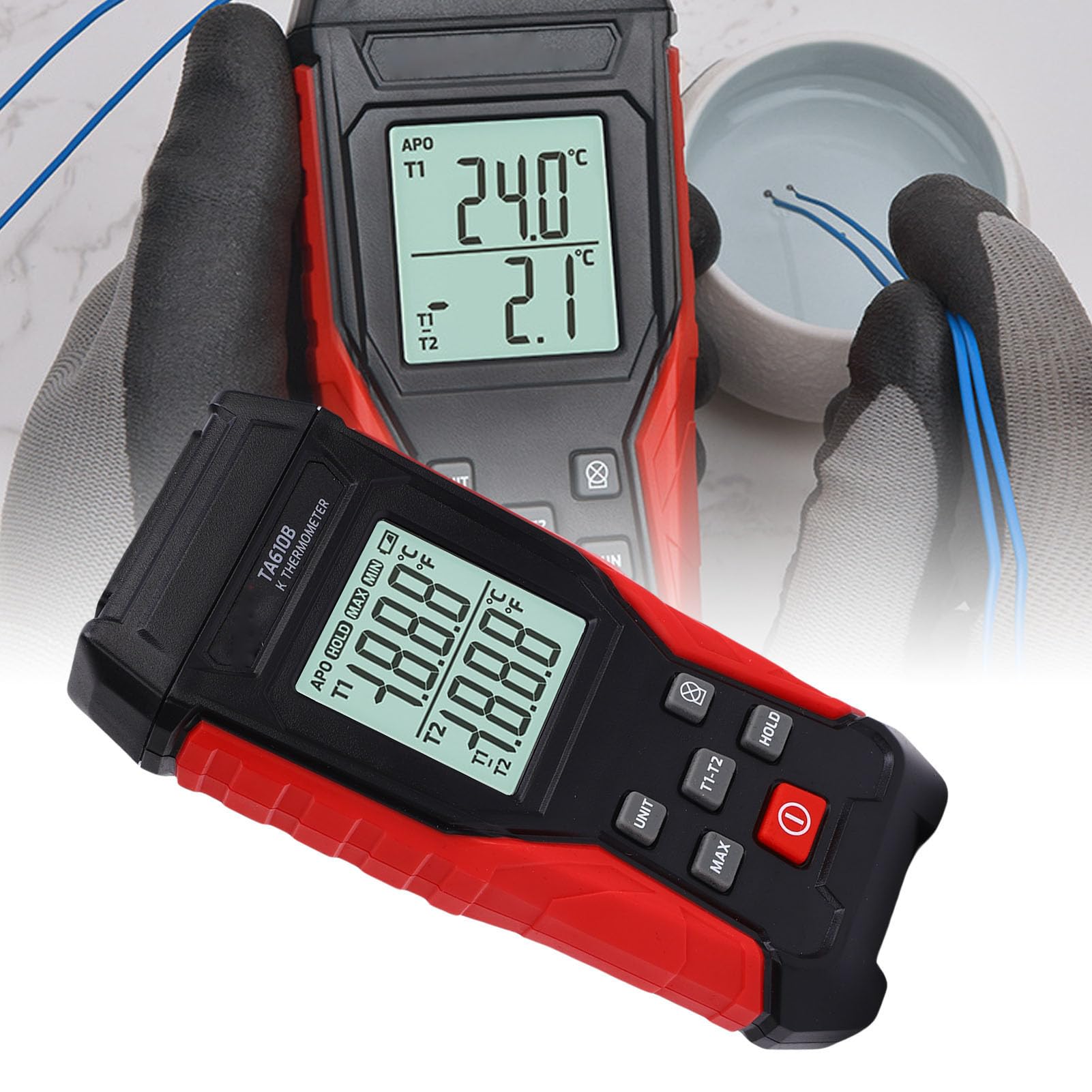 Digitales Thermoelement-Thermometer Typ K, Zweikanal-Thermoelement-Thermometer mit Sonde, Messbereich -328°F bis 2501°F