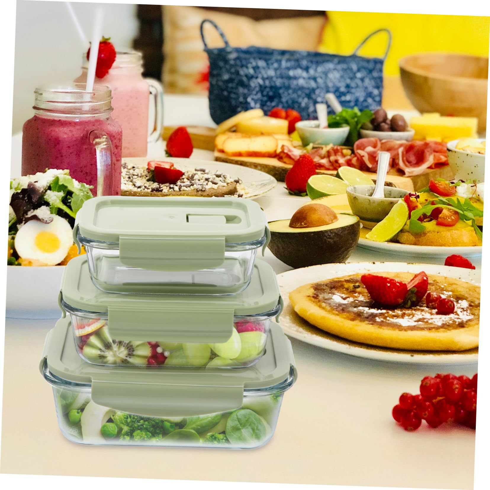 Hohopeti Boîte à Bento en Verre 3 Pièces Vert, Couvercle Pp Facile à Ouvrir