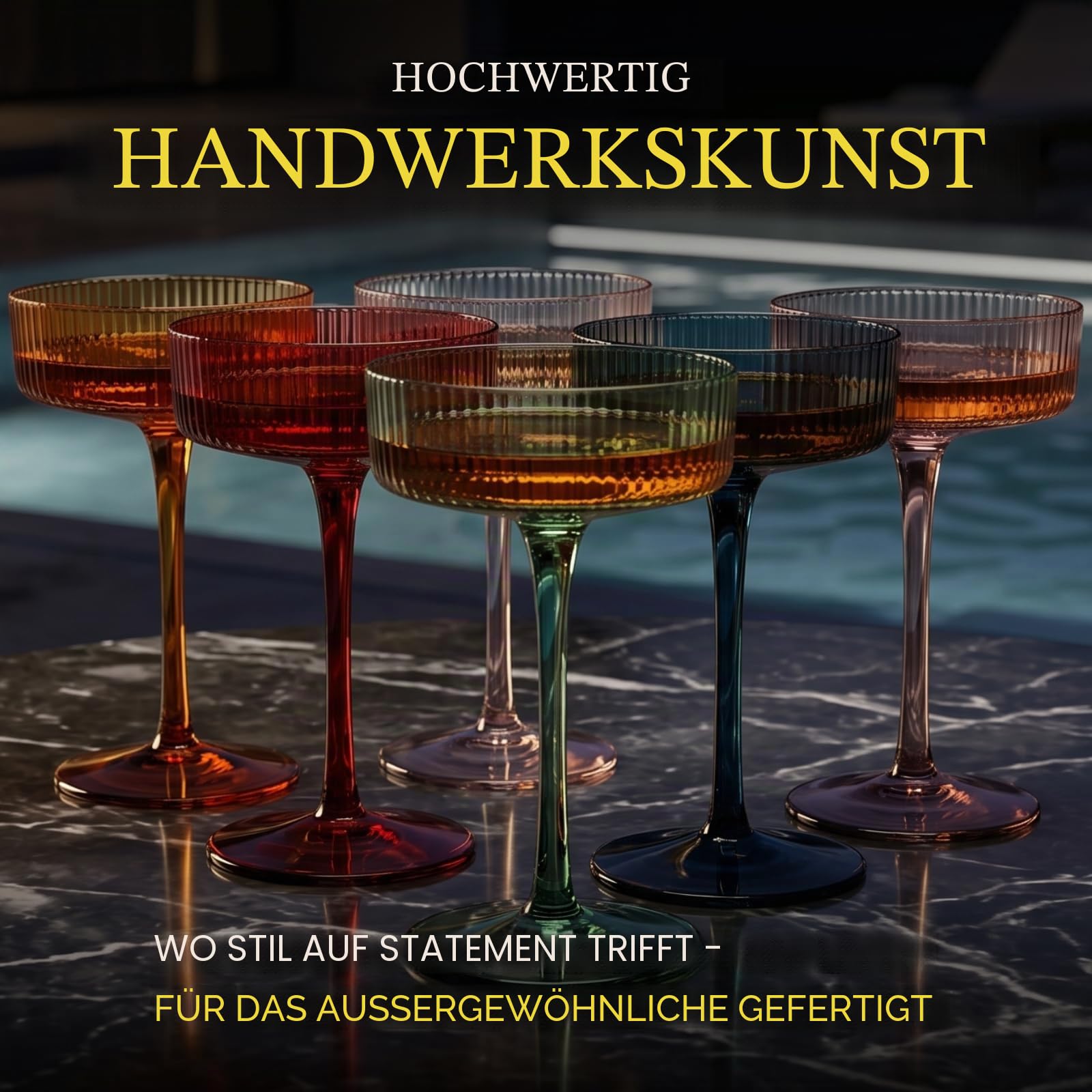 Farbige Vintage Art Deco Coupé-Gläser, Martini-, Cocktail- und Champagnergläser, geriffelt, 200 ml, 6 Stück, niedliche pastellfarbene gedämpfte Kristall-Cocktailgläser, Kelch, Cocktails, geriffelte