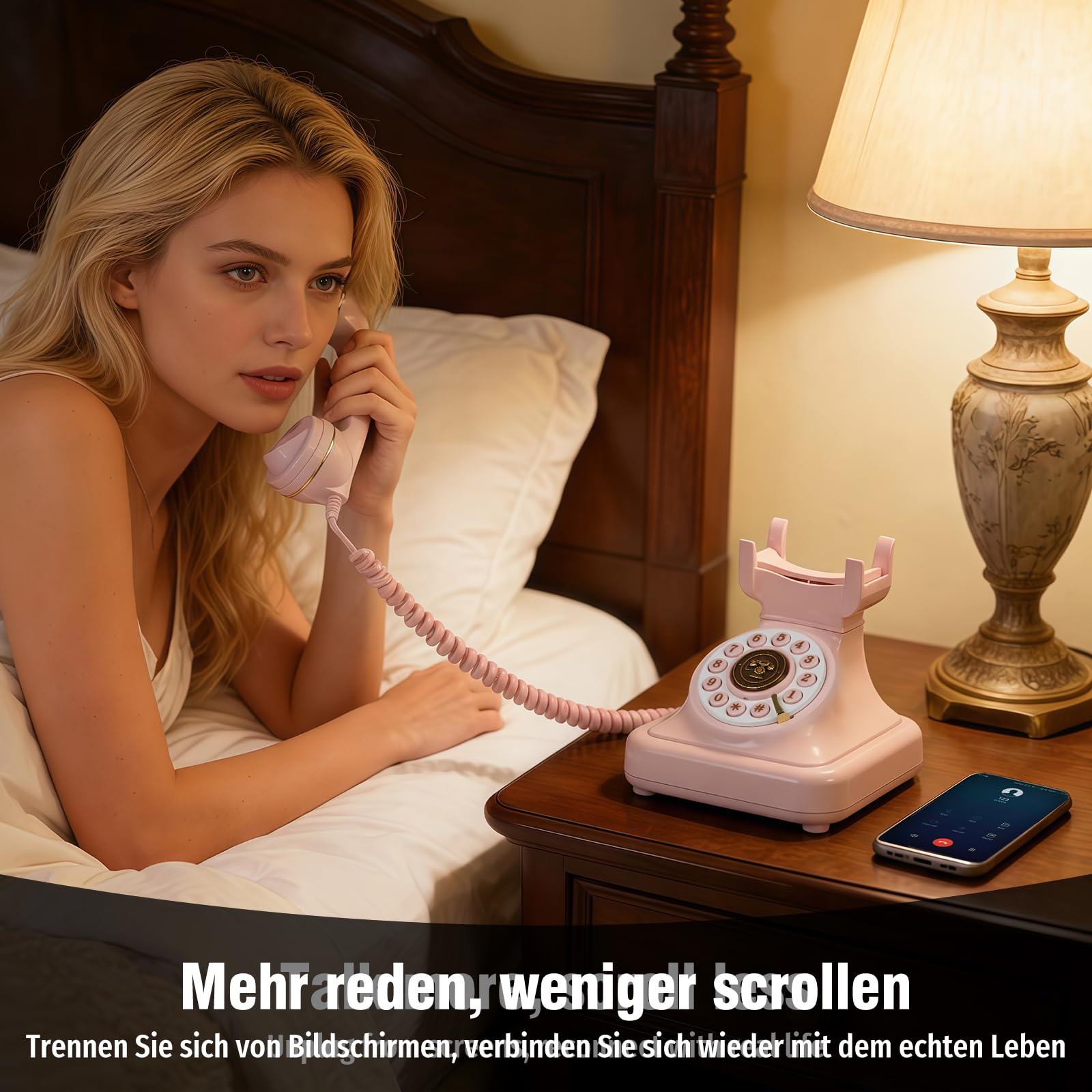 Bluetooth Retro Telefon mit Sprachassistent – Bluetooth Festnetztelefon & Handy‑Verbindung für Android & iOS, Drahtloses Retro Home Phone mit Freisprecher, Lautstärkeregelung & USB‑Akku,Rosa