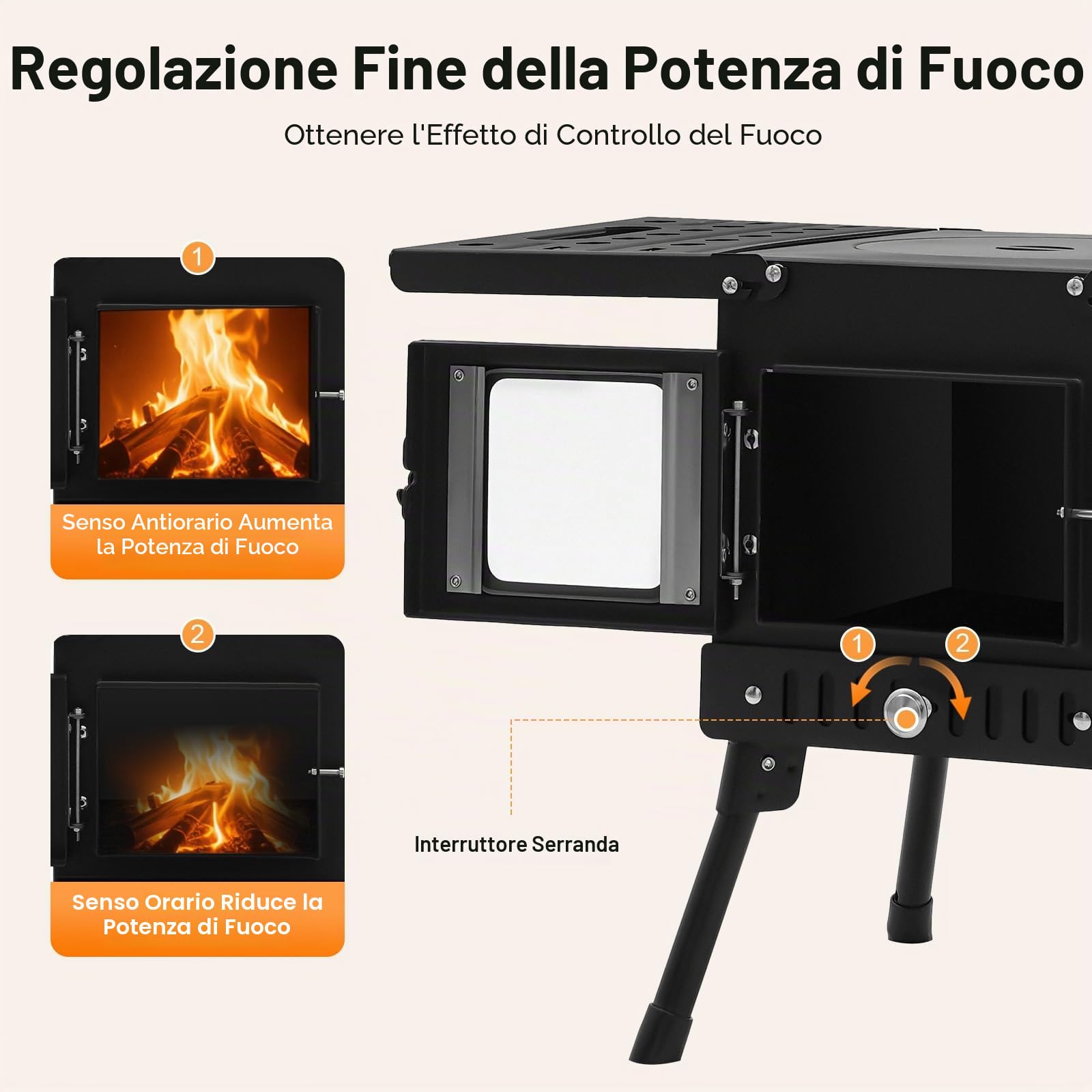 Stufa a legna, stufa a legna portatile per tende, fornello da campeggio con gambe pieghevoli e tubi per camino, per esterni, campeggio, cucina