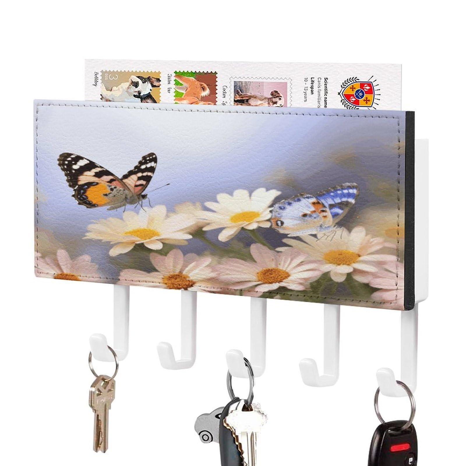 FekiLoot Butterfly Daisy Key Holder Wall Mount Key Hooks for Wall Decorative with 5 Hooks PU Mail Rack Organizer with Shelf for Entryway Mudroom Hallway Office 7.1X4.3 in