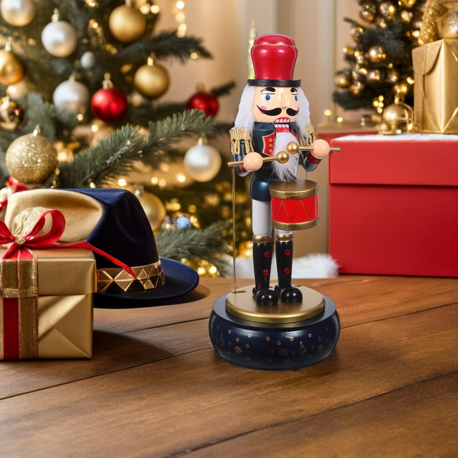 BESPORTBLE Christmas Nutcracker Music Box with Wooden Soldier Figurine, Blue Round Base, Traditional Wind-up Holiday Decor for Living Room and Xmas Party Centerpiece