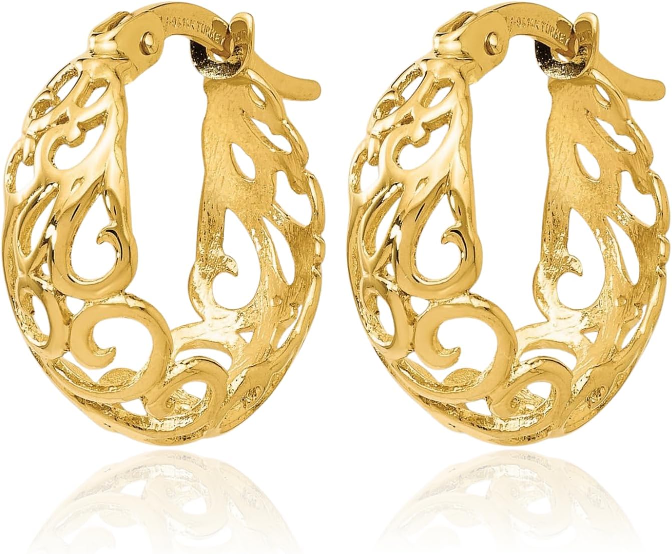 IceCarats 14K Solid Yellow Gold Medium Filigree Shrimp Hoop Earrings 16mm 5/8 inch Snap Back For Her