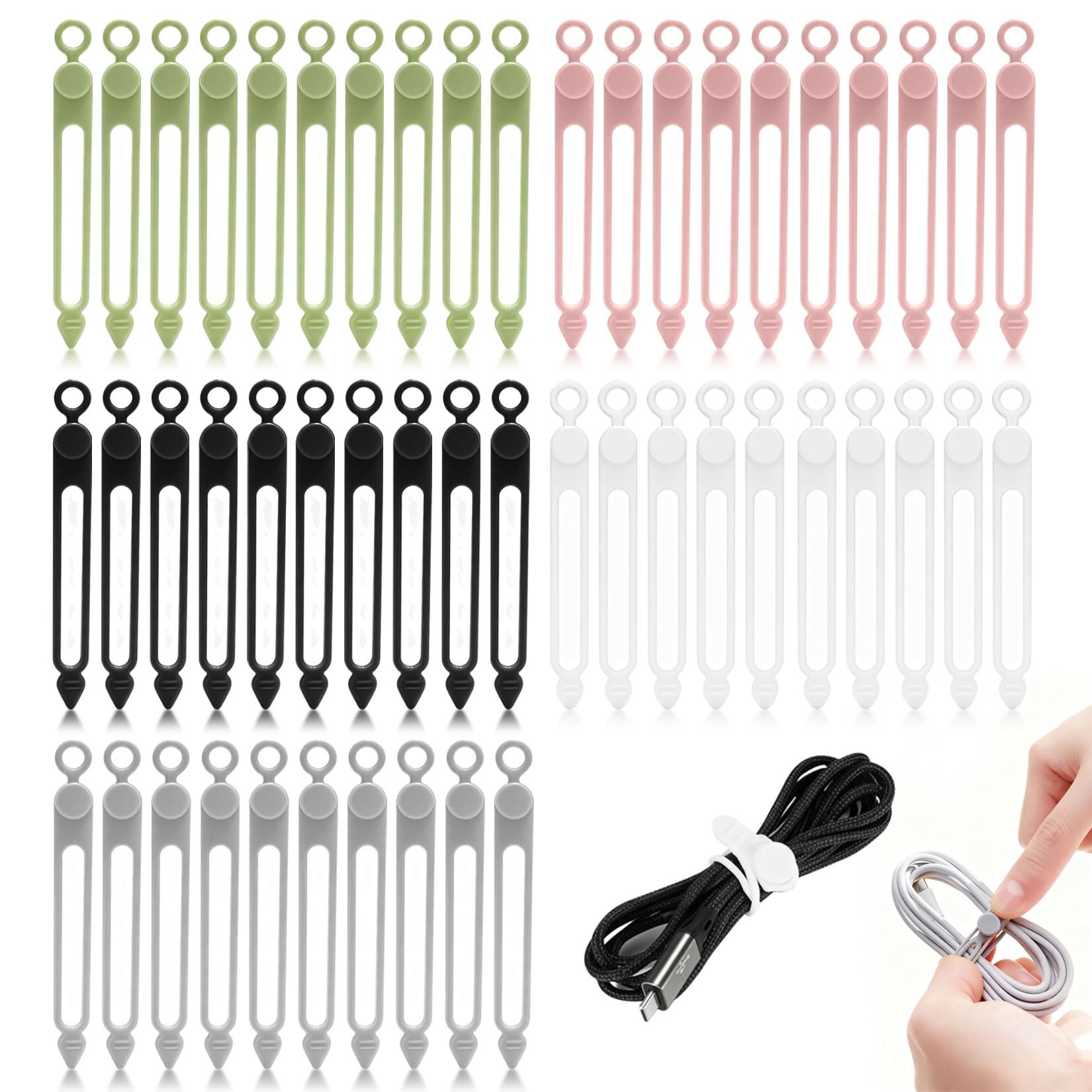 50 Pcs Reusable Silicone Cable Ties Reusable Cable Organiser Clips, Flexible Wire Tidy for Cables Earphone Phone Charger USB Computer Cord Organiser, Home Office Storage Solutions(5 Colors)