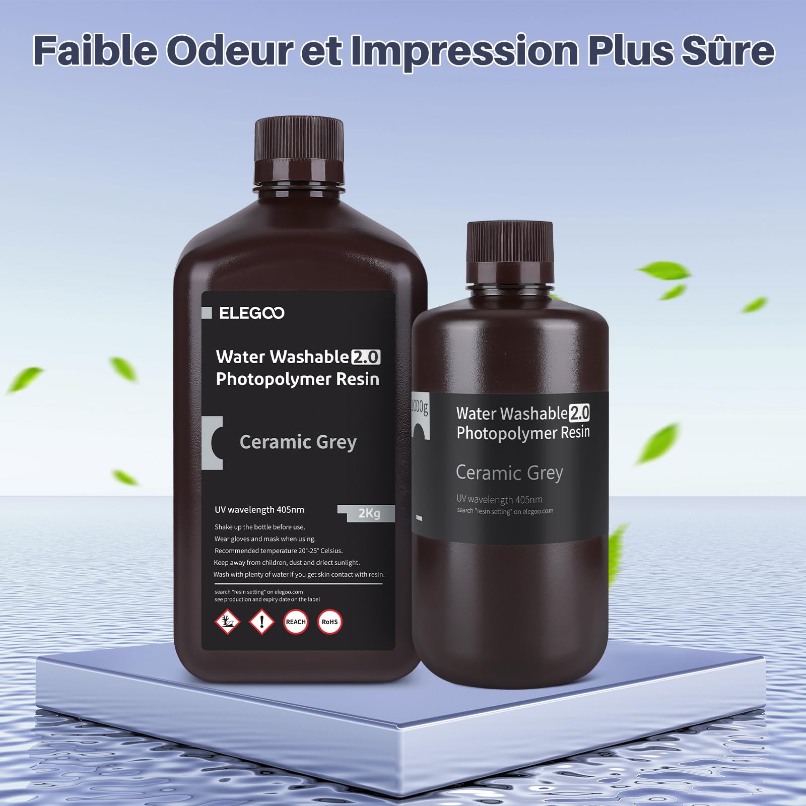 ELEGOO Résine Lavable à l'eau V2.0 pour Imprimante 3D LCD UV 405nm Résine Photopolymère, Gris Céramique 1000G