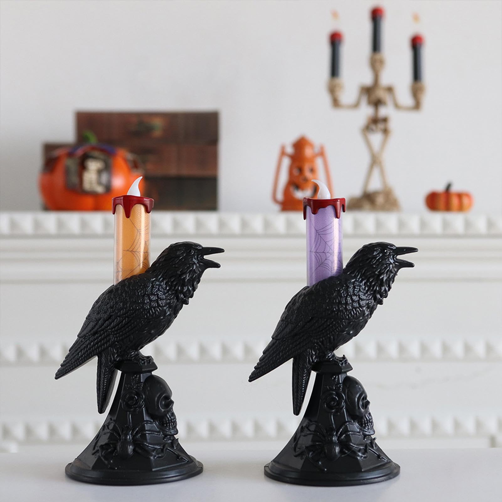 Duqulle 2pcs Crow Table Lamp Creative Bird Lamp Crow Candle Lamp Halloween Crow Lights LED Table Sconce Light Gothic Candlestick Ornament Crow Bird Stand Light Home Décor