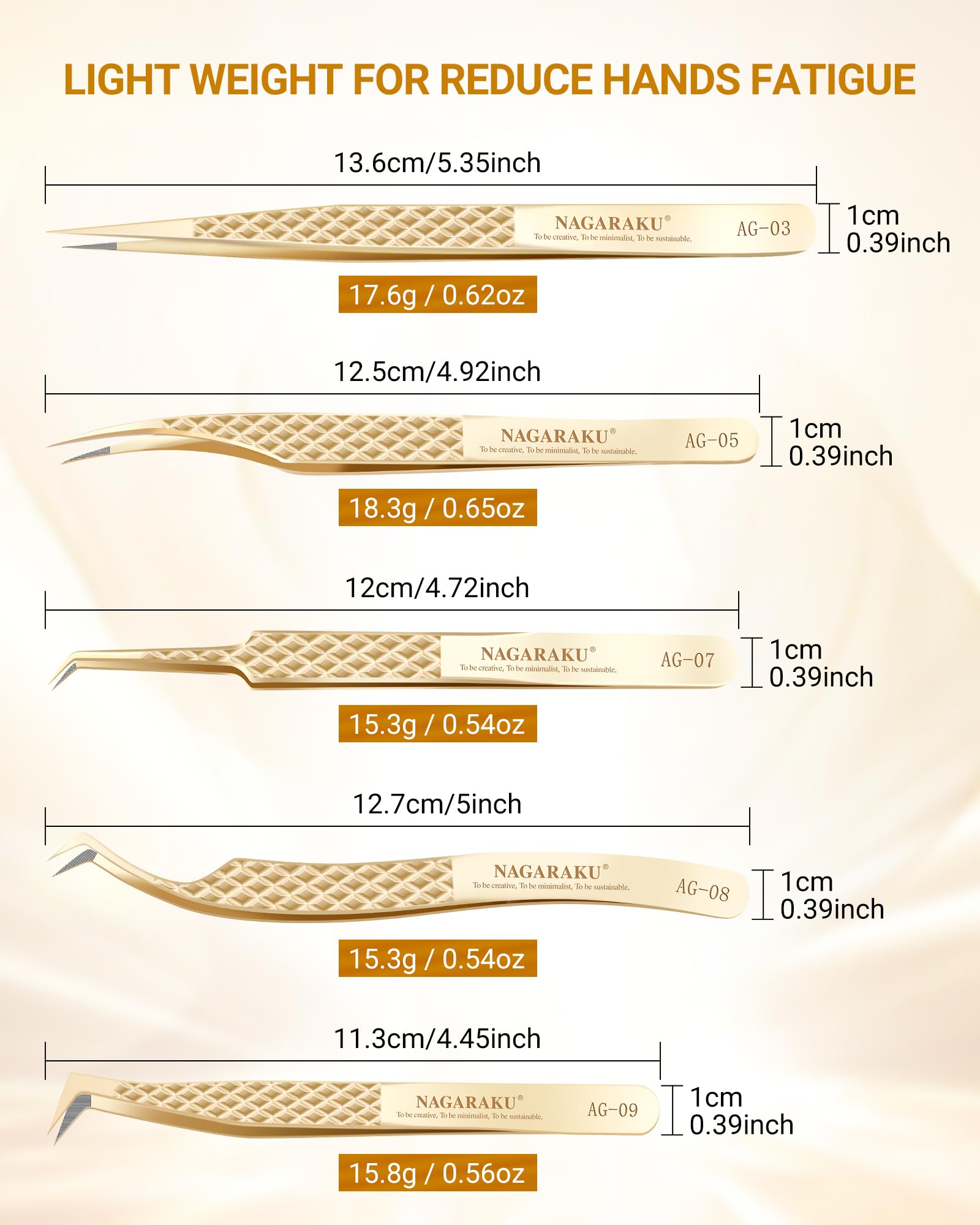 NAGARAKU Pinzas de Fibra Pestañas Juego de 5 Profesionales Sin Brecha Rectas Curvas Y Con Volumen De Acero Inoxidable Dorado Cierre Preciso Ligeras Con Tapas Protectoras Fiber Tweezers Set En La Punta