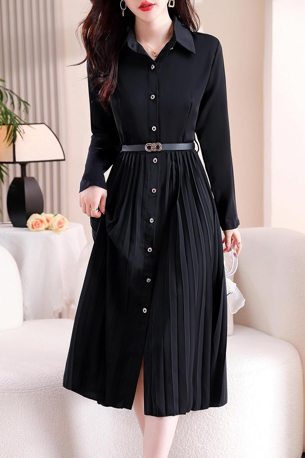 [Ｃｈｕｂｉｋｉｍｅ] ワンピース 長袖 レディース シャツワンピース ロング丈 折り襟 ボタン ベルト付き Aライン プリーツ 黒