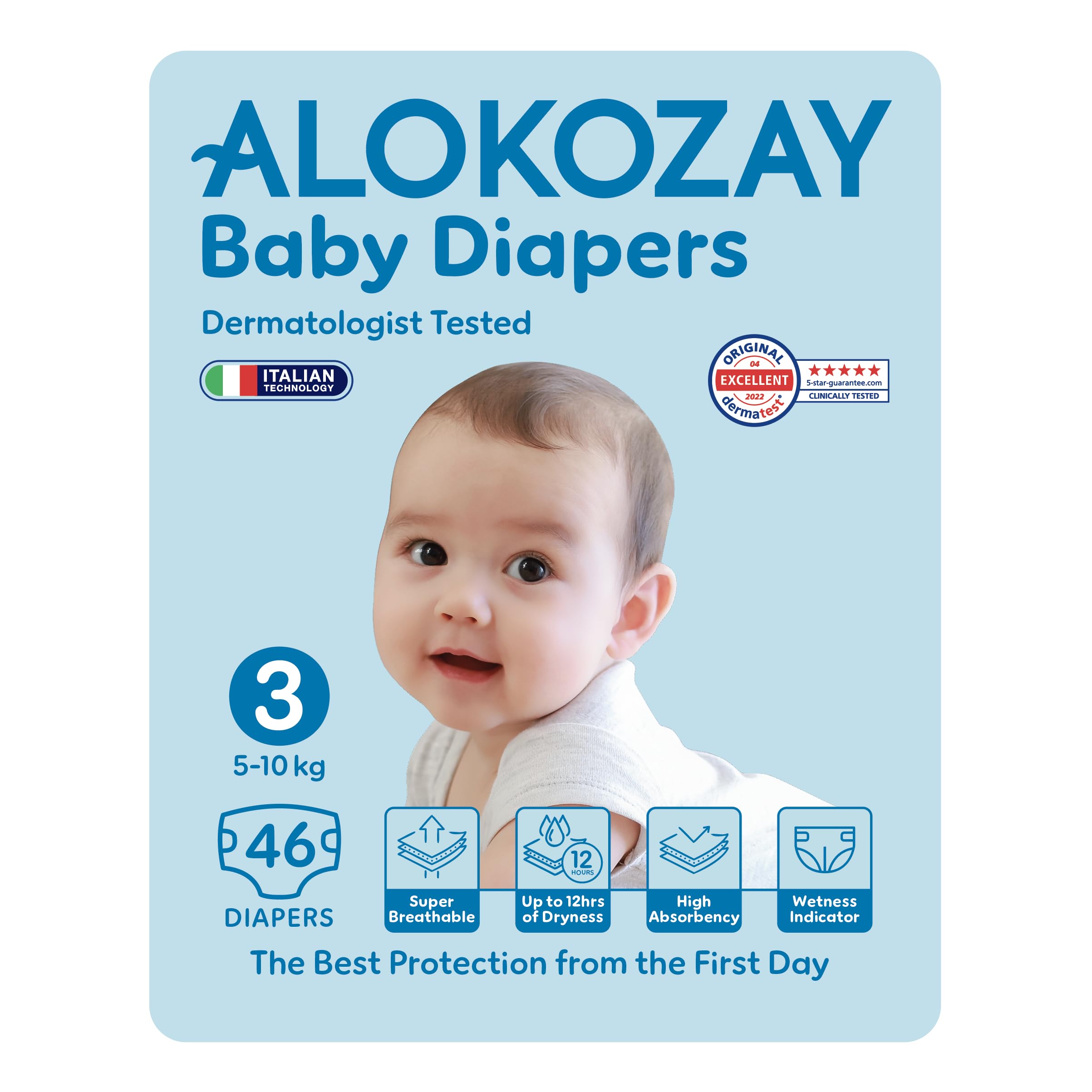 Alokozay Baby Diapers Size 3 (5-10 kg), 46 Diapers Count - The softest Diapers - No Leakage & High Absorbency.