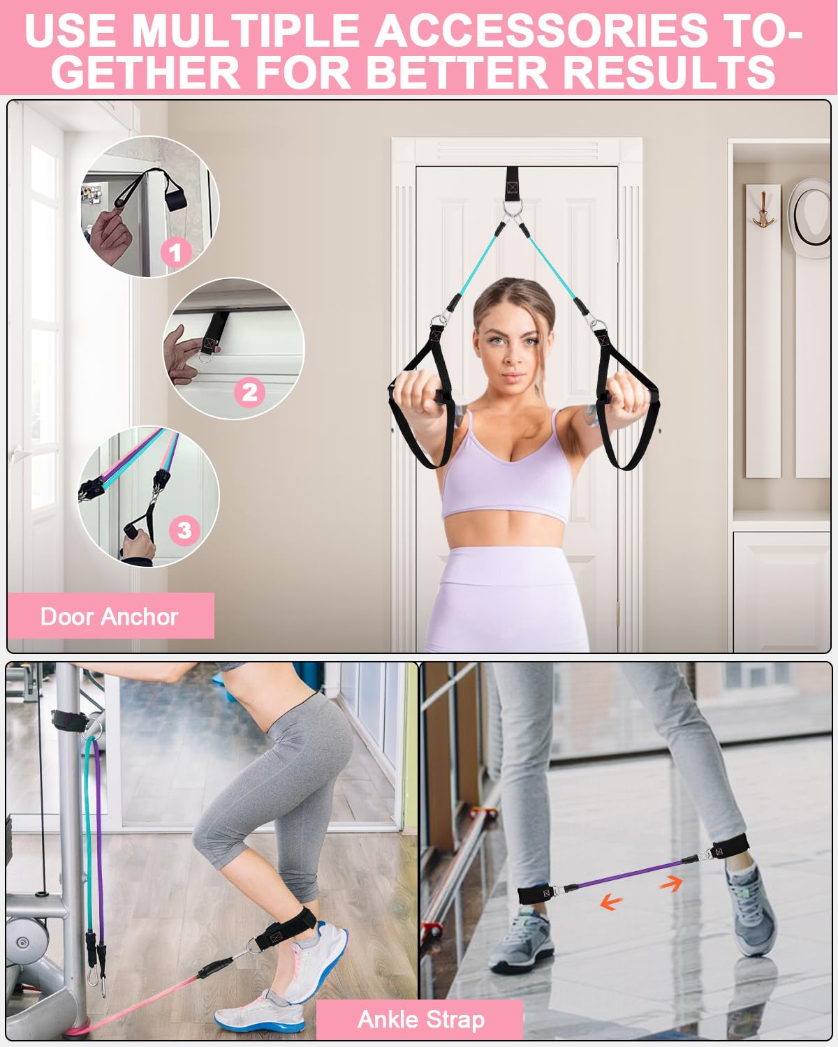 Fitnessbänder Pilates Bar Set mit 6 Widerstandsbänder (20/25/30 Lbs) Verstellbare Resistance Bands Pilates Stange, Fitnessband mit Türanker, Griffe, Knöchelriemen, Pilates Set für Home Gym Yoga