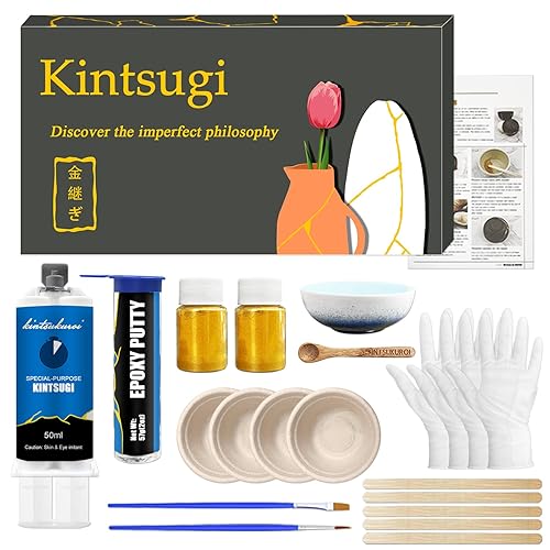 Kintsugi Kit de reparación dorado, kit de reparación de oro japonés con taza de práctica, pegamento dorado para reparación de cerámica y porcelana,