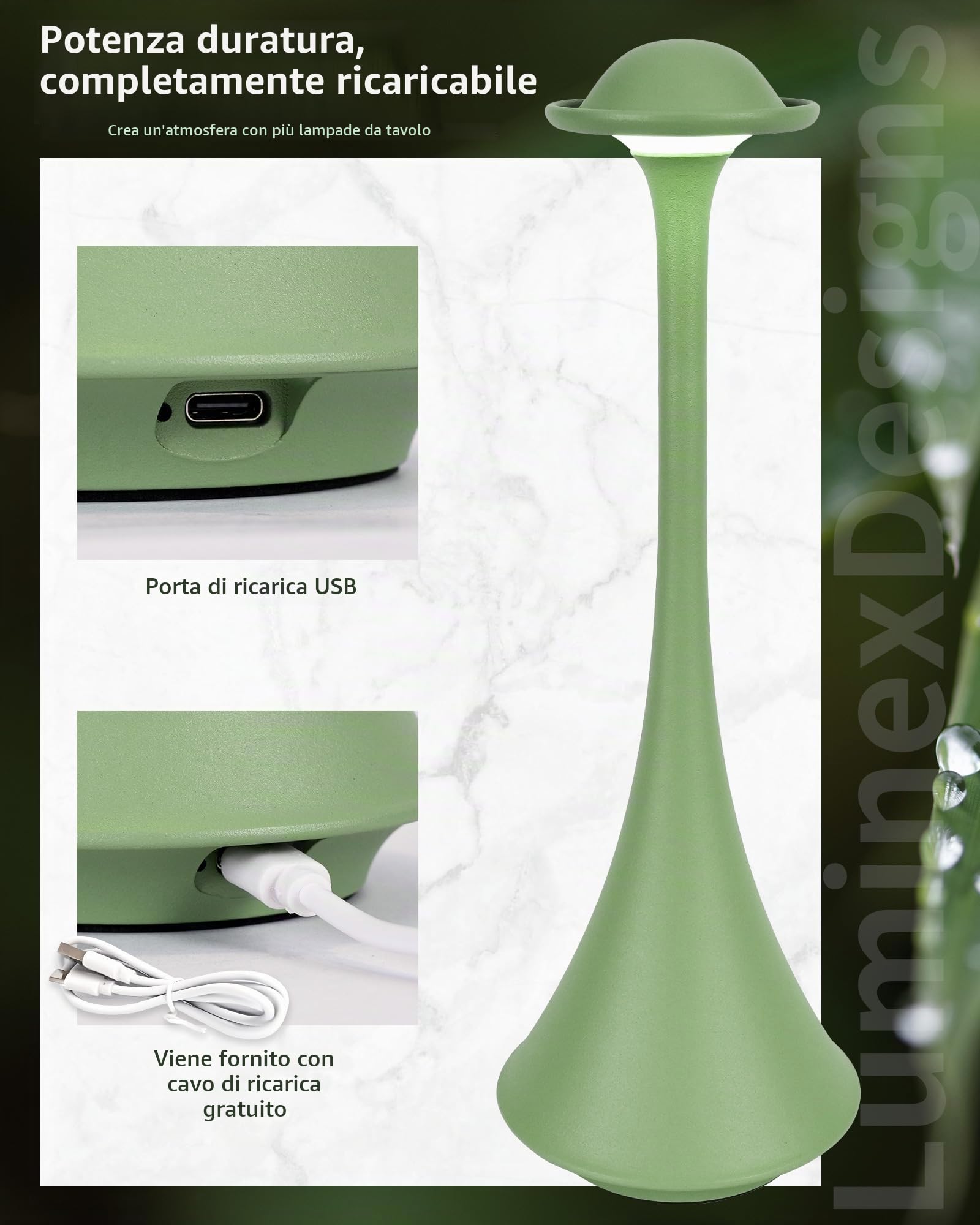 Set 2 Lampade da Tavolo LED Senza Fili Verde AVEL TL15 | Lampada da Tavolo Ricaricabile, Touch Dimmerabile, 3 Temperature di Colore, IP54, per Camera, Soggiorno, Terrazza e Giardino