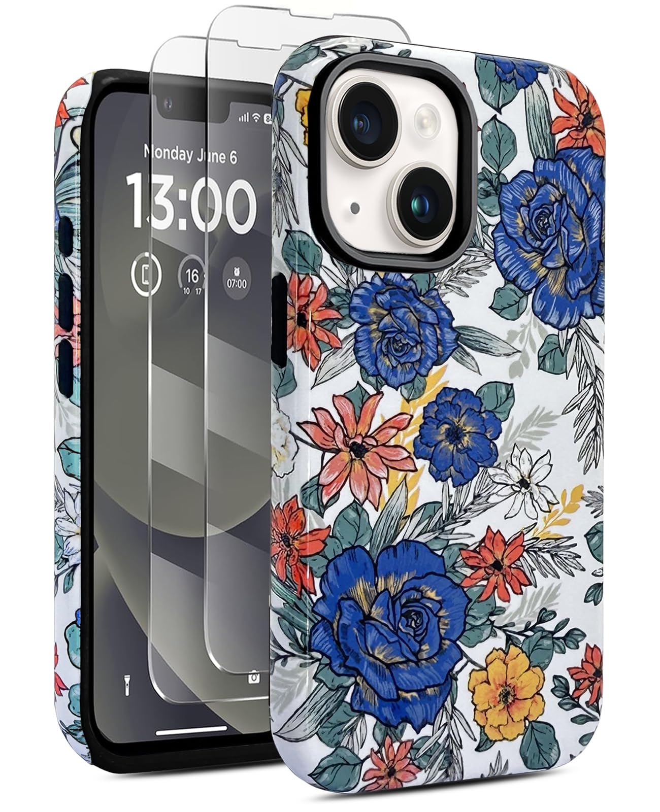 J.west Compatible with iPhone 14 Plus Case 6.7 inch with 2 Pack Tempered Glass Screen Protectors Cute Vintage Floral Flowers Hybrid Cover for Girls