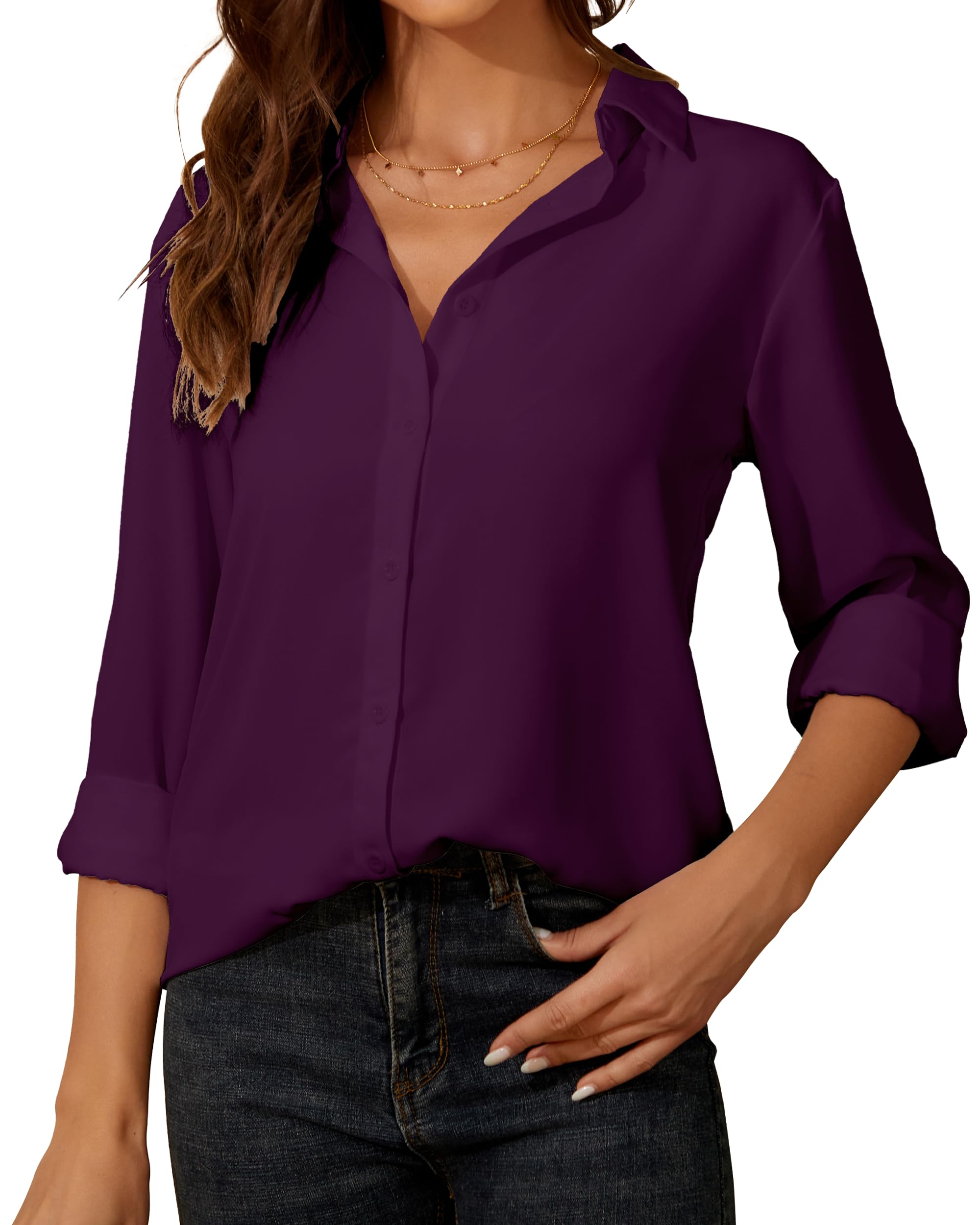 Damen Button-Down Shirts Langarm Kragen Tops Lady Work Office Chiffon Bluse