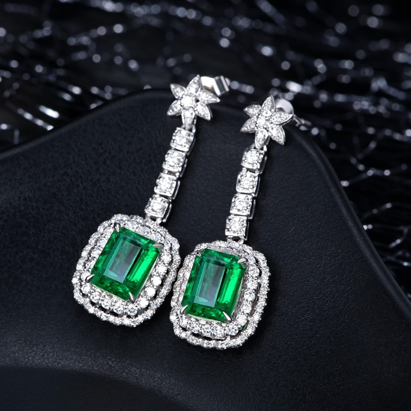 Pendientes de oro de 18 quilates / plata de ley 925, flores para mujer con laboratorio, esmeralda de corte rectangular de 2 quilates, pendientes de mujer con moissanite Au750 de oro pendientes