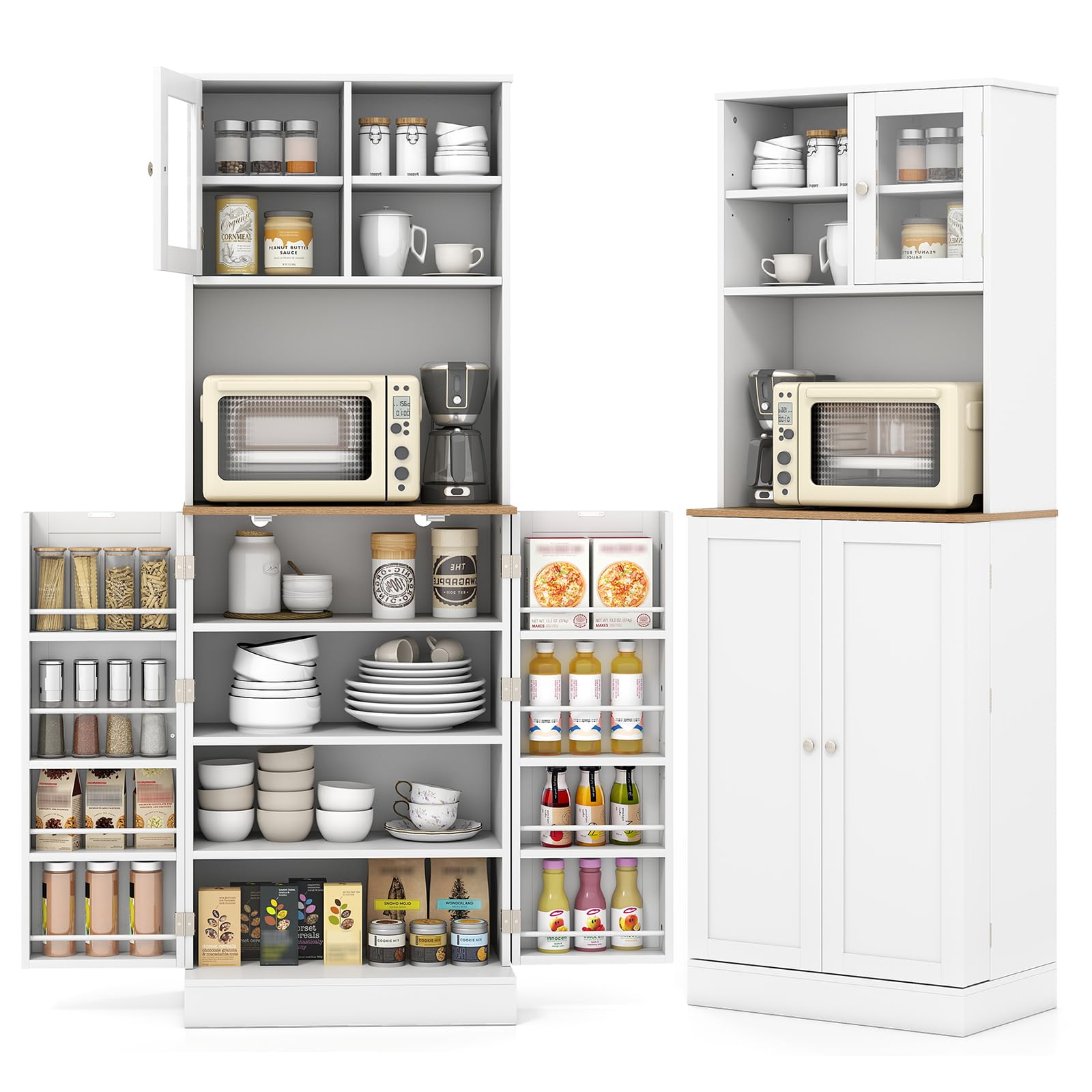 KOMFOTTEU Hohe Küchenschrank 170 cm mit verstellbaren Regalen, Buffetschrank mit Kabellöchern, Tür aus gehärtetem Glas, Buffet für Wohnzimmer, Esszimmer, Mehrzweckschrank 60 x 35 x 170 cm, Weiß