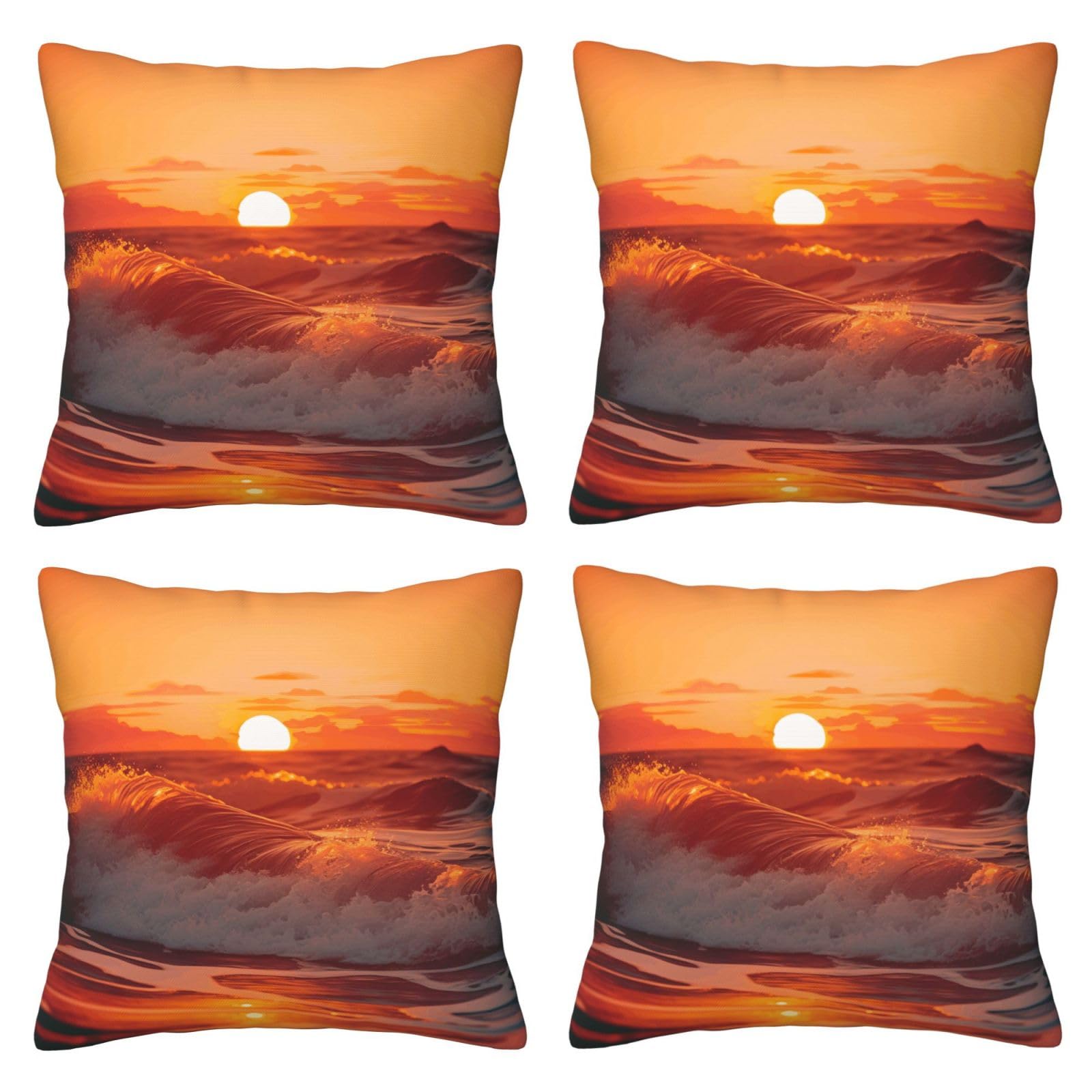 sunset with sea waves Throw Pillow Cases 4 Pack Square Pillowcases Super Soft Pillow Protectors With Zipper for Couch Livingroom Sofa Bed Office Car,30x30 CM