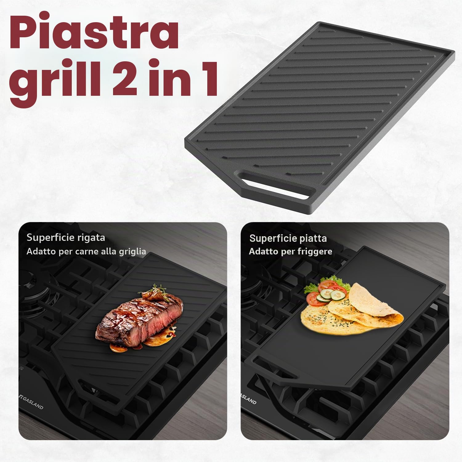 GASLAND GD-S20C Piastra per griglia, padelle per grigliare per piani cottura a gas, ghisa, protezione contro la ruggine, accessorio, teglia per griglia
