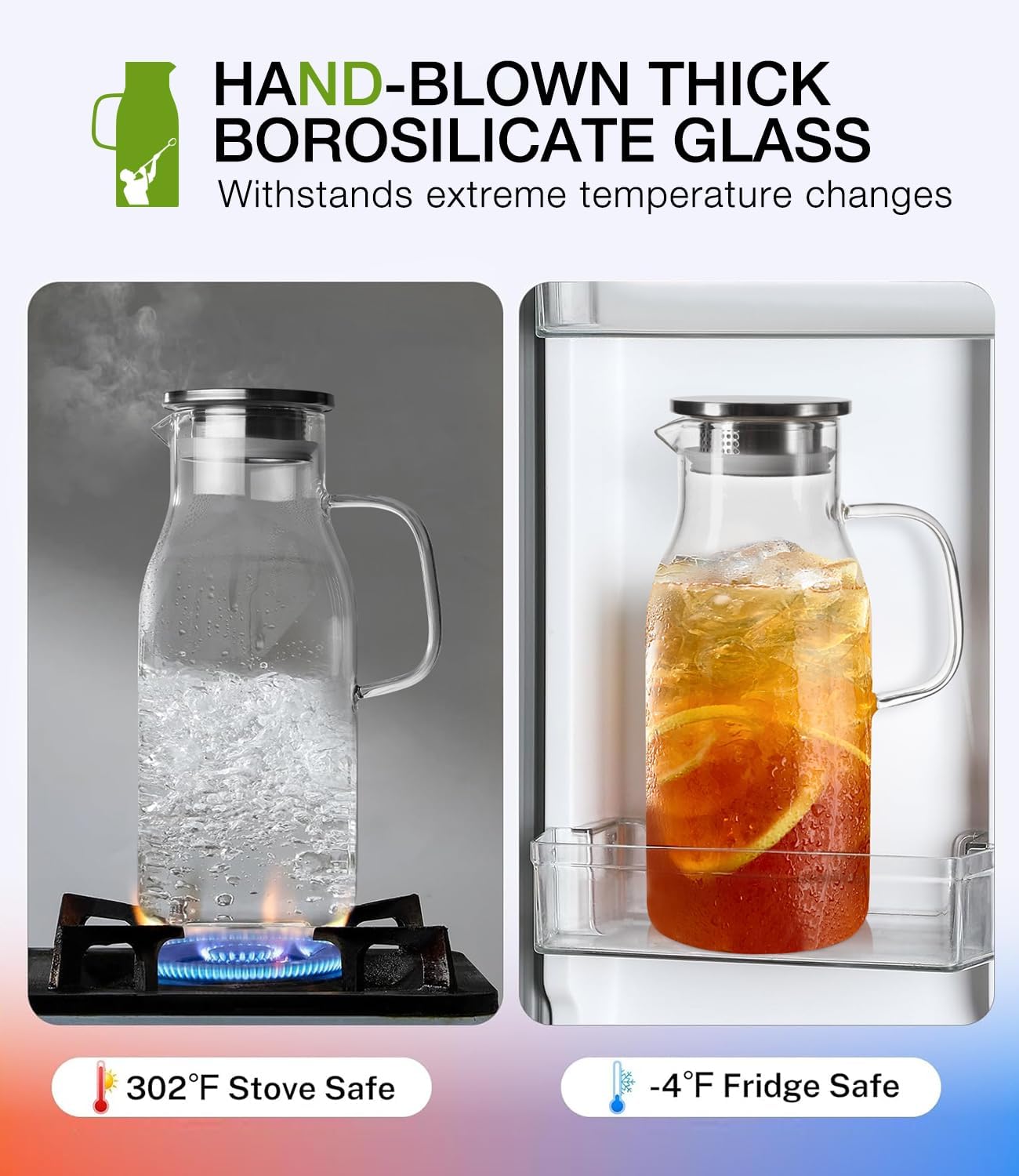 LUNA&MANTHA Glass Pitcher, 2 Liter 68oz Water Pitcher with Lid and Spout, Large Ice Tea Jug for Fridge, Thick Drink Jug with Handle for Juice, Coffee, Borosilicate Glass Carafe Hot/Cold Beverage - Image 4