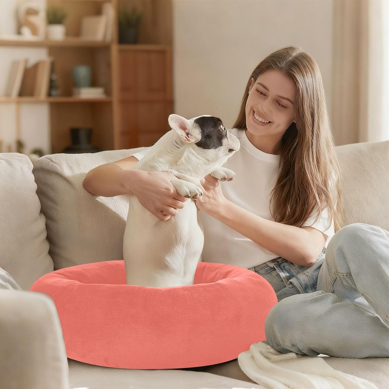 Dog Bed Ultra Soft Fluffy Comfortable Cat Bed, Coral Orange Washable Dog Beds Anti-Slip Round Pet Beds for Medium Dogs