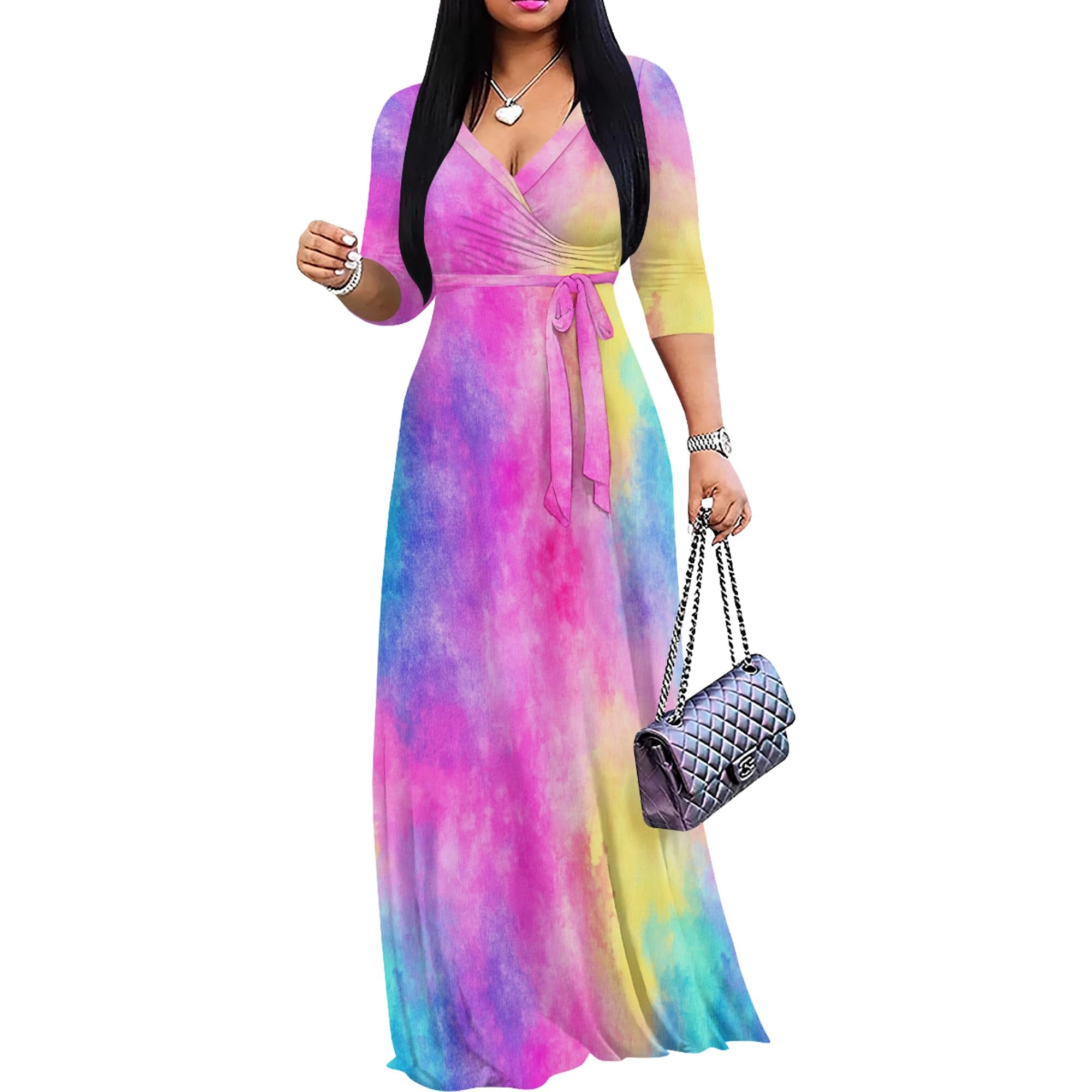 PinkPatty Women's Print Maxi Dresses 3/4 Sleeve Flowy Long Dress V Neck Wrap Tie Waist Sundress
