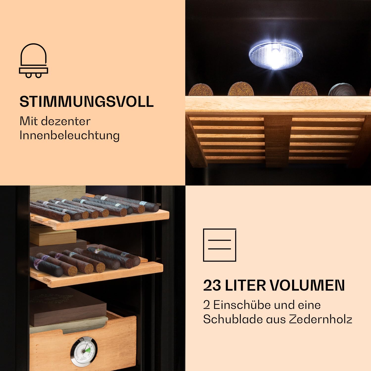 Klarstein El Presidente Zigarren-Humidor - thermoelektrisch, Glastür, freistehend, Einschübe und Schublade aus Zedernholz, Hygrometer, LED-Innenbeleuchtung, 23 Liter, schwarz