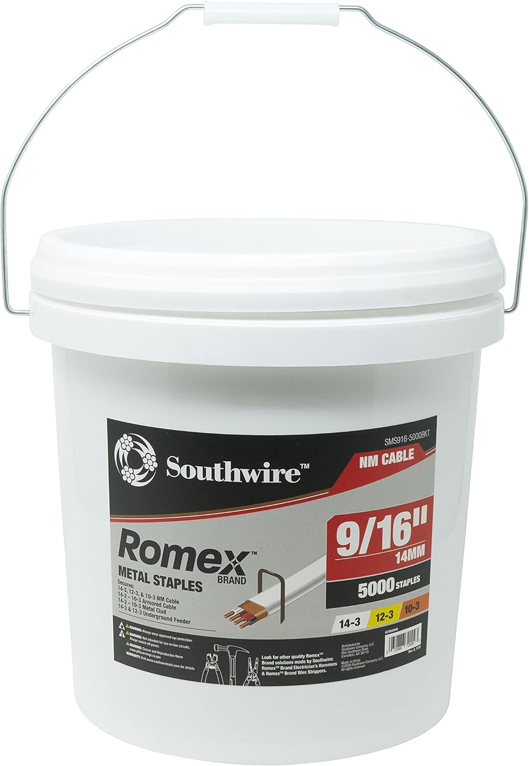 Southwire SMS9165000BKT, 5000 PC Bucket 9/16inch Romex Metal Staples