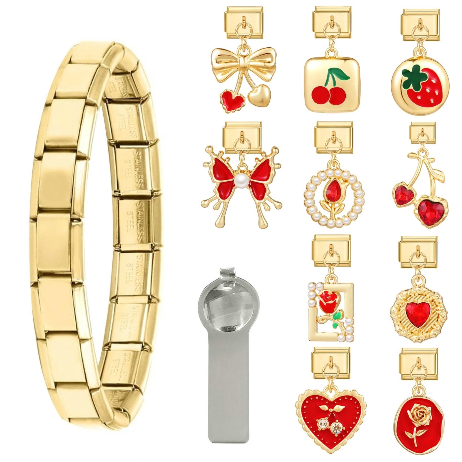 papasgixpapasgix Italian Charm Bracelet Gold Set with Starter Brascelet, Assorted Diamond Charms and Opening Tools, 9mm Modular Italian Charm Bracelet Links Handmade DIY Jewelry Red