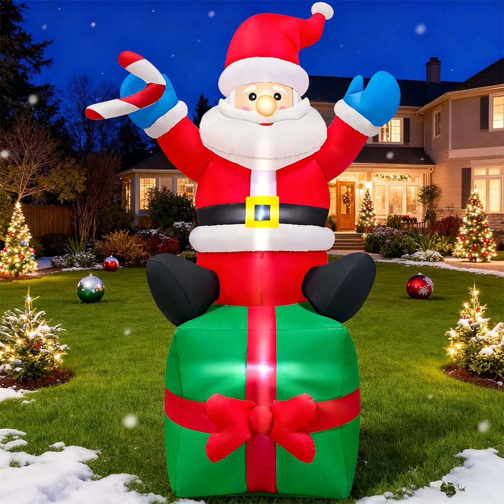 KOOY Père Noël gonflable de 1,8 m assis sur une boîte cadeau, décoration de jardin gonflable, lumières LED pour fête de Noël, décoration de pelouse extérieure