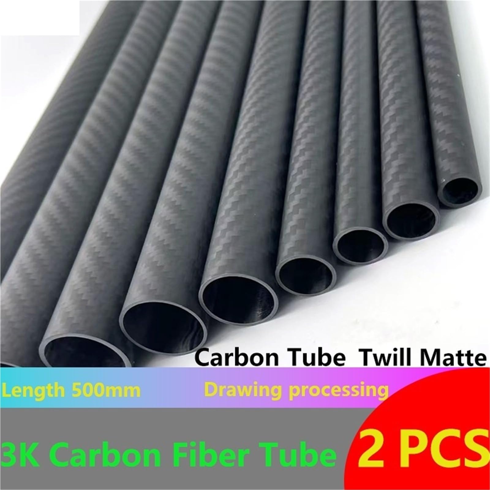 Tubo De Fibra De Carbono Tubo de fibra de carbono mate de sarga de 2 piezas | Longitud 500 mm DE 8 mm 10 mm 12 mm 14 mm 16 mm 18 mm 20 mm 22 mm 24 mm 26 mm 30 mm(20x15x500mm 2pcs)