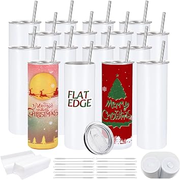 YOUKE OLA 16 Pack Sublimation Tumblers Flat Edge Blanks Skinny Straight Bulk 20 oz, Stainless Steel Double Wall Insulated Sublimation with Straw & Lids for Heat Transfer, White | Flat Edge