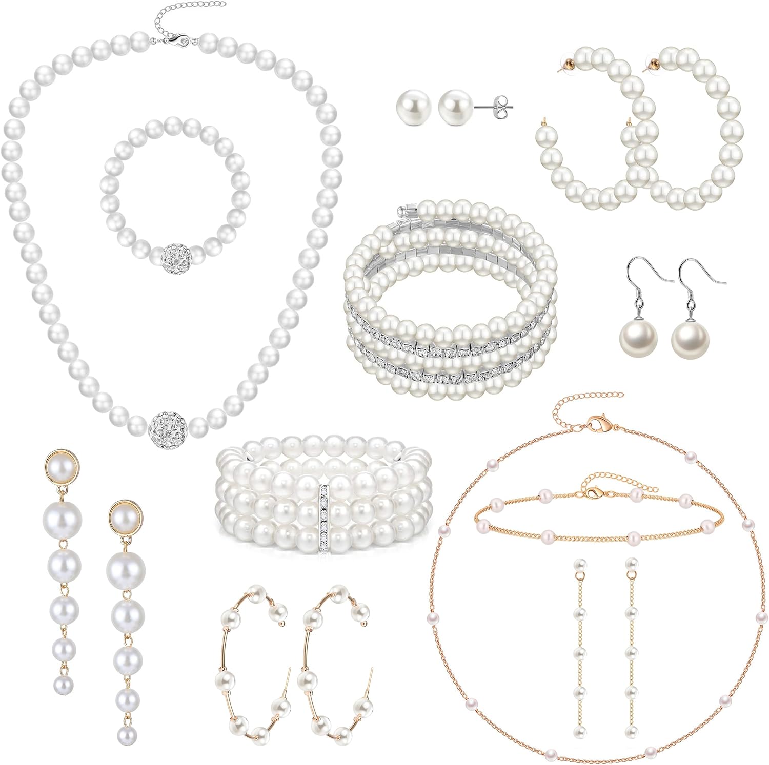 18 Pcs Pearl Jewelry Set for Women Simulated Pearl Earrings Faux Pearl Necklace and Bracelet 1920s Pearl Jewelry Set Pearls Accessories Gift