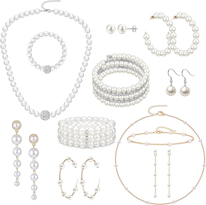 MEDOJO 18 Pcs Jewelry Set for Women Simulated Pearl Earrings Faux Pearl Necklace and Bracelet 1920s Jewelry Set Pearls Accessories Gift