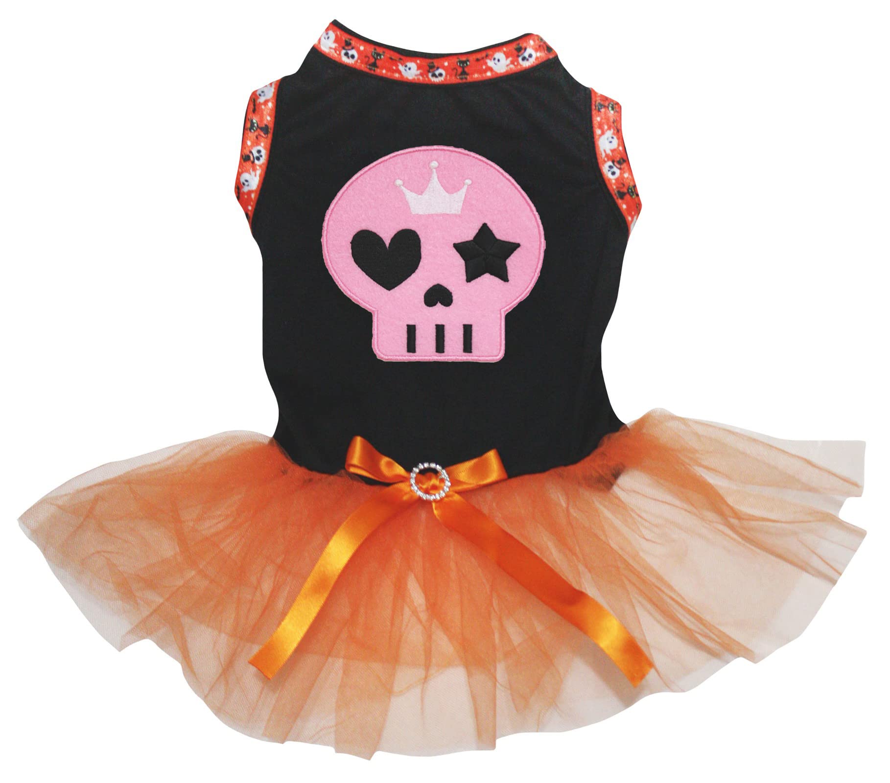 Robe pour chiot avec tête de mort rose au motif contrasté noir orange