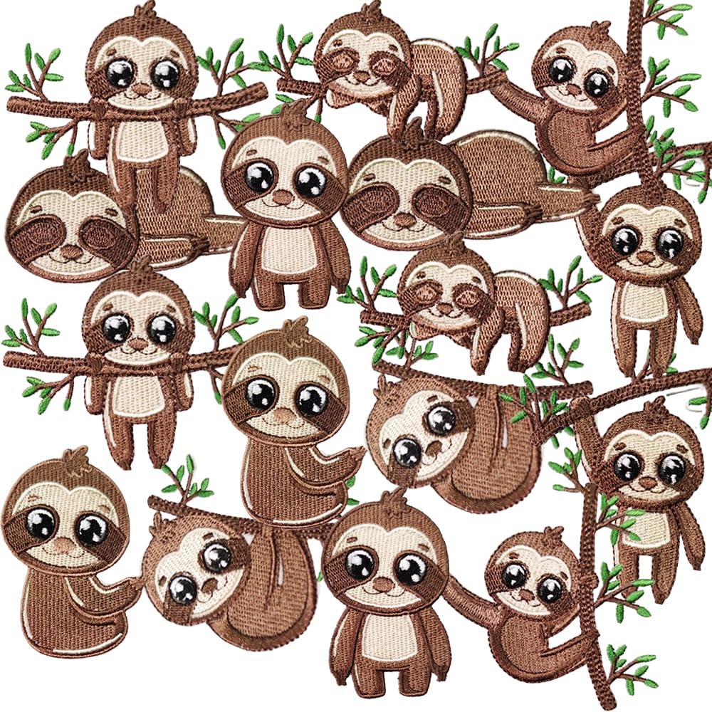 16 PCS Sloth Iron on Embroidered Patches Funny Cute Sloth Applique Sew on Patches for Coat Uniforms Jeans Bags Jackets Vests DIY Decoration Backpacks Dress Hat Pants Clothes