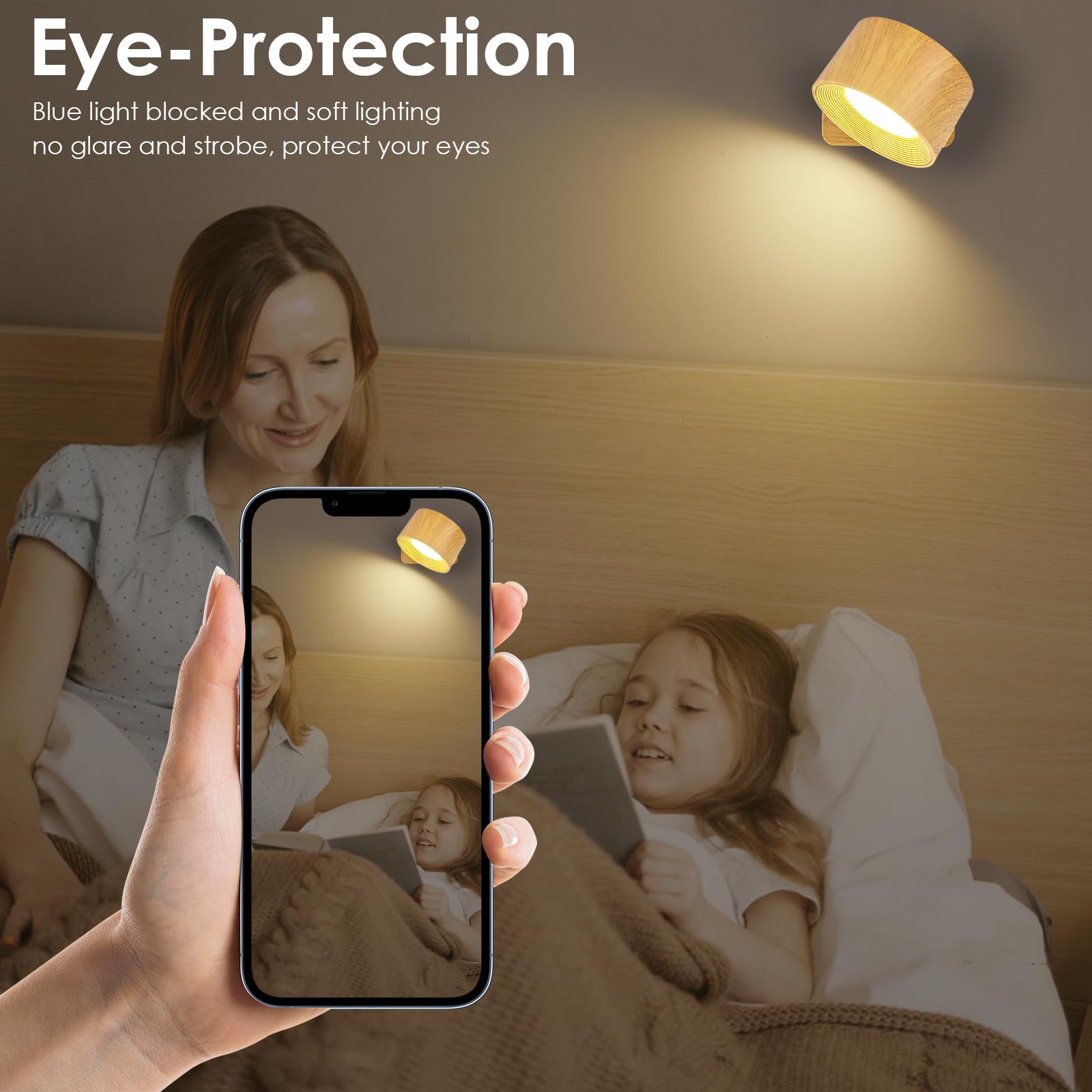 Diealles Shine Led-wandlamp voor binnen, 2 stuks, oplaadbare wandlampen met 3 helderheid en 3 kleuren, 360 graden draaibare touch control, batterij, wandlamp voor slaapkamer, keuken, woonkamer (hout